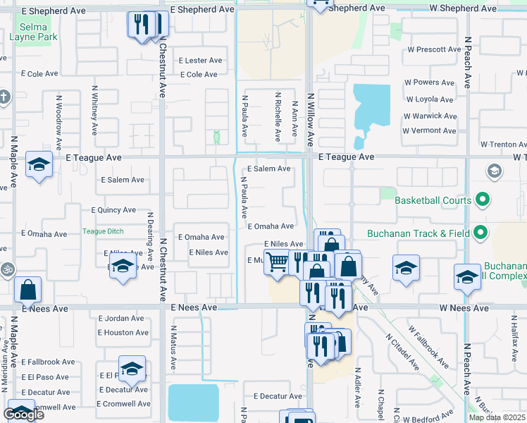 map of restaurants, bars, coffee shops, grocery stores, and more near 2806 East Omaha Avenue in Fresno