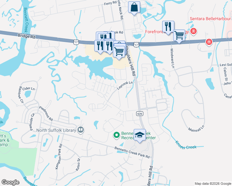 map of restaurants, bars, coffee shops, grocery stores, and more near 5551 Shoulders Hill Road in Suffolk