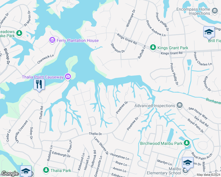map of restaurants, bars, coffee shops, grocery stores, and more near 652 Piney Point Road in Virginia Beach