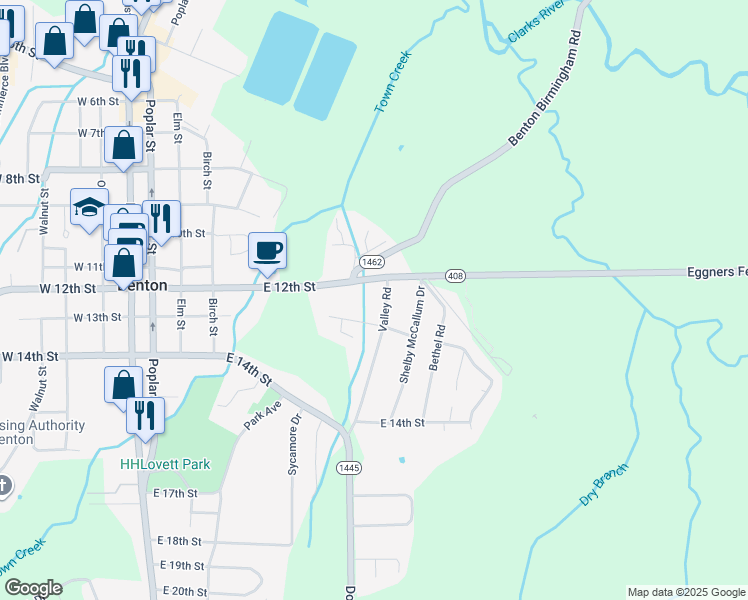 map of restaurants, bars, coffee shops, grocery stores, and more near 725-749 East 13th Street in Benton