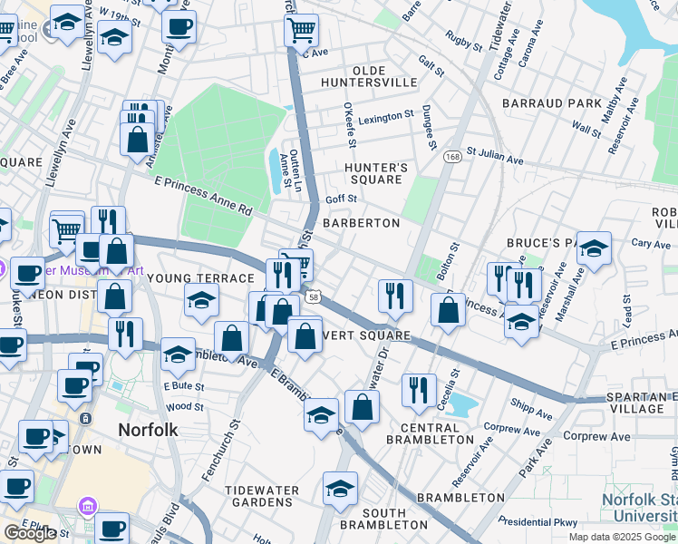map of restaurants, bars, coffee shops, grocery stores, and more near 818 Henry Street in Norfolk