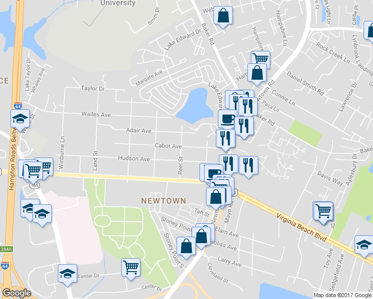 map of restaurants, bars, coffee shops, grocery stores, and more near 6609 Cabot Avenue in Norfolk