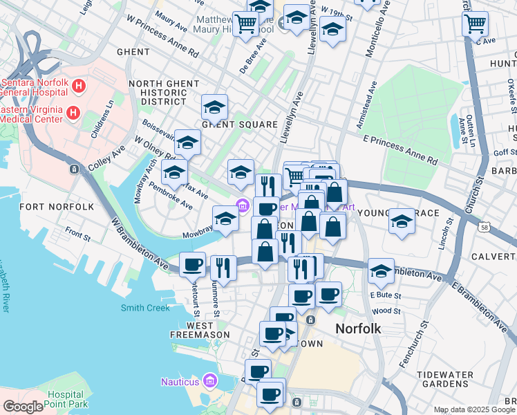 map of restaurants, bars, coffee shops, grocery stores, and more near W Olney Rd & W Virginia Beach Blvd in Norfolk