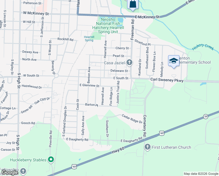 map of restaurants, bars, coffee shops, grocery stores, and more near 1300 Fox Ridge Lane in Neosho