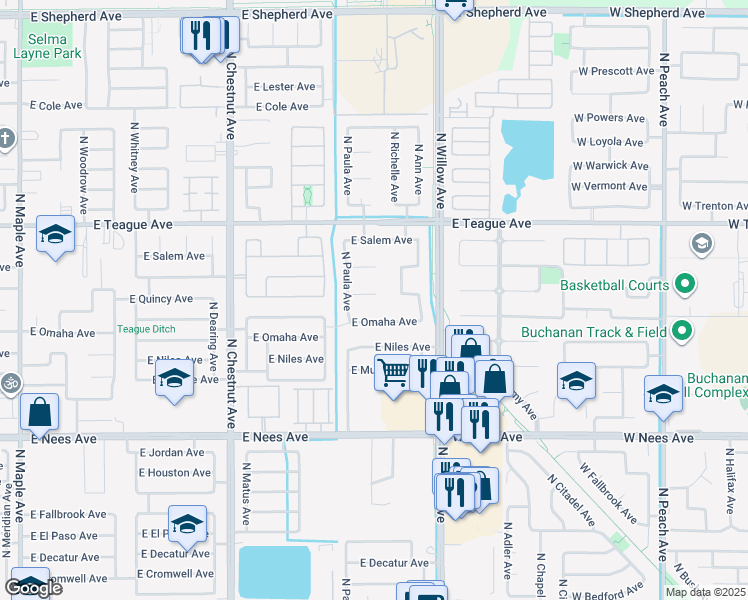 map of restaurants, bars, coffee shops, grocery stores, and more near 2806 East Omaha Avenue in Fresno