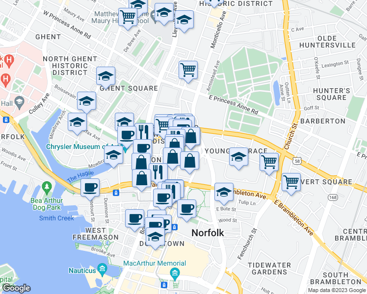 map of restaurants, bars, coffee shops, grocery stores, and more near 746 Granby Street in Norfolk