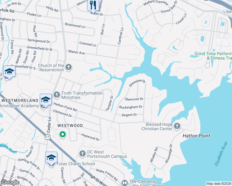 map of restaurants, bars, coffee shops, grocery stores, and more near 4529 Templar Drive in Portsmouth