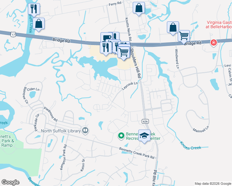 map of restaurants, bars, coffee shops, grocery stores, and more near 5543 Shoulders Hill Road in Suffolk