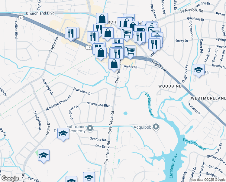 map of restaurants, bars, coffee shops, grocery stores, and more near 3320 Tyre Neck Road in Chesapeake
