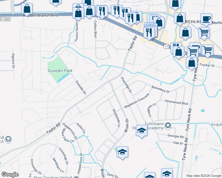 map of restaurants, bars, coffee shops, grocery stores, and more near 3332 Bruin Drive in Chesapeake