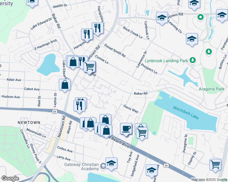 map of restaurants, bars, coffee shops, grocery stores, and more near 651 Crows Nest Court in Virginia Beach