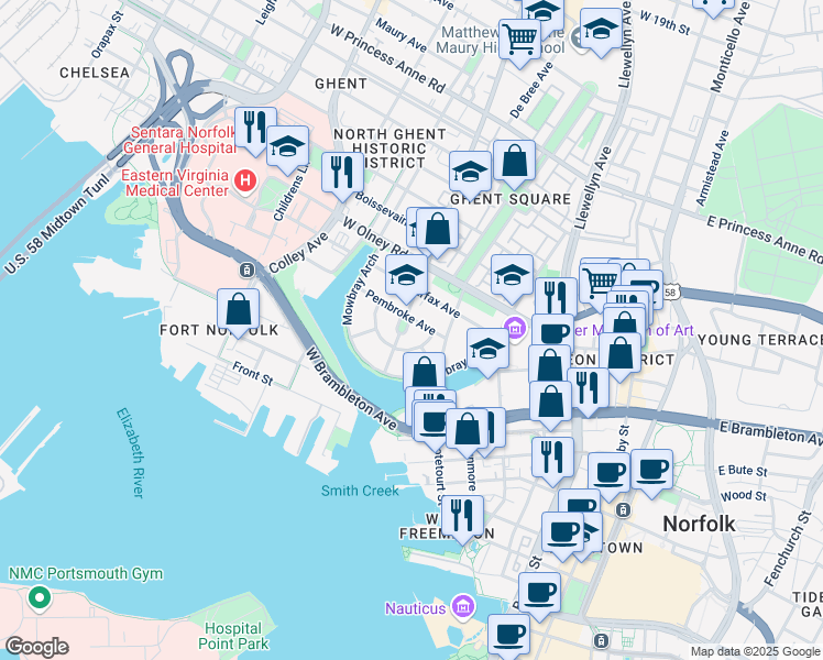 map of restaurants, bars, coffee shops, grocery stores, and more near 324 Colonial Avenue in Norfolk