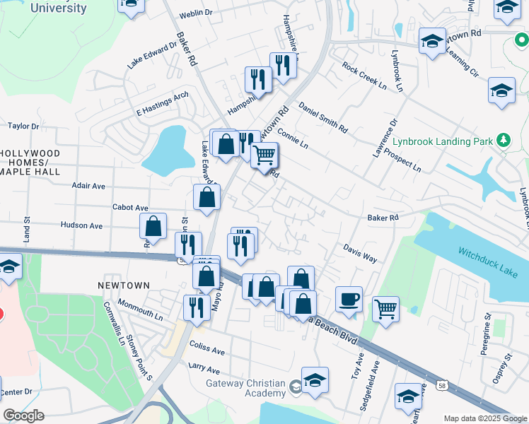 map of restaurants, bars, coffee shops, grocery stores, and more near 607 Bluff Court in Virginia Beach