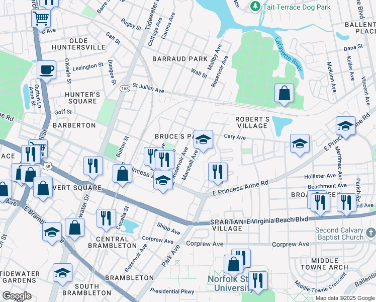 map of restaurants, bars, coffee shops, grocery stores, and more near 1412 Goff Street in Norfolk