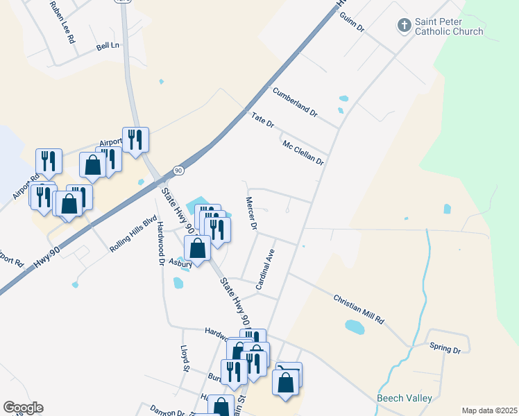 map of restaurants, bars, coffee shops, grocery stores, and more near Canary Lane in Monticello