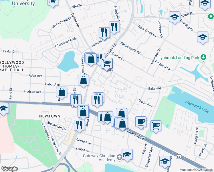 map of restaurants, bars, coffee shops, grocery stores, and more near 607 Bluff Court in Virginia Beach