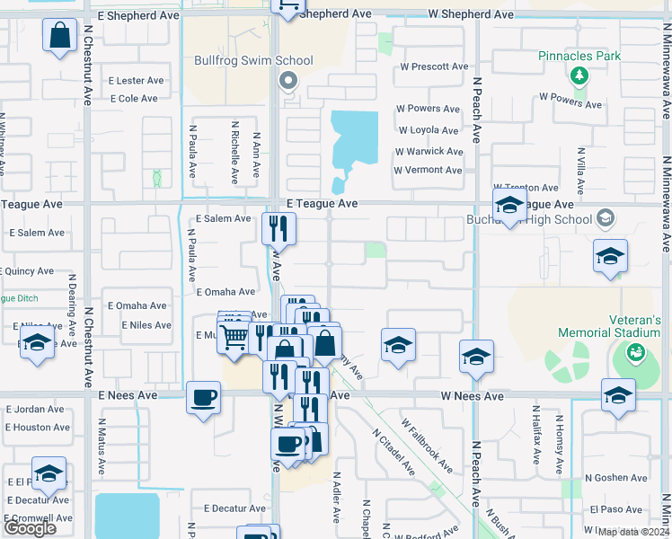 map of restaurants, bars, coffee shops, grocery stores, and more near 672 West Quincy Avenue in Clovis