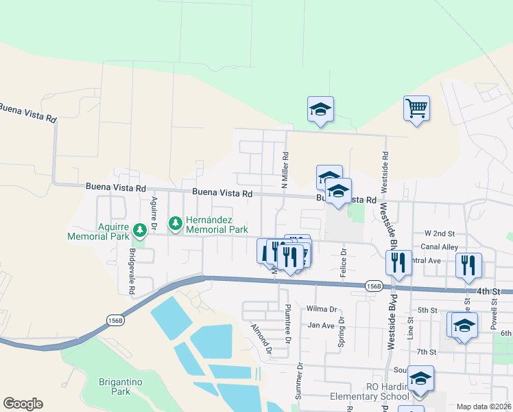map of restaurants, bars, coffee shops, grocery stores, and more near 101 North Gonzalez Drive in Hollister