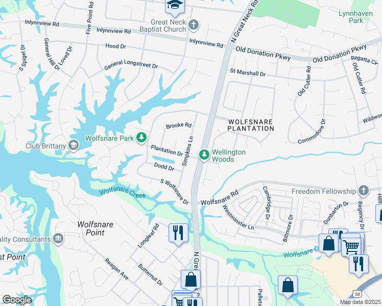 map of restaurants, bars, coffee shops, grocery stores, and more near 2304 Plantation Drive in Virginia Beach
