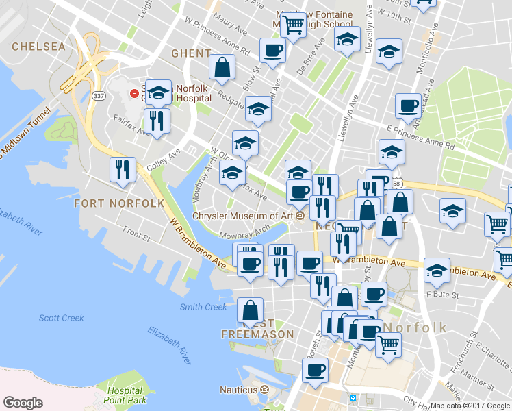 map of restaurants, bars, coffee shops, grocery stores, and more near 401 Warren Crescent in Norfolk