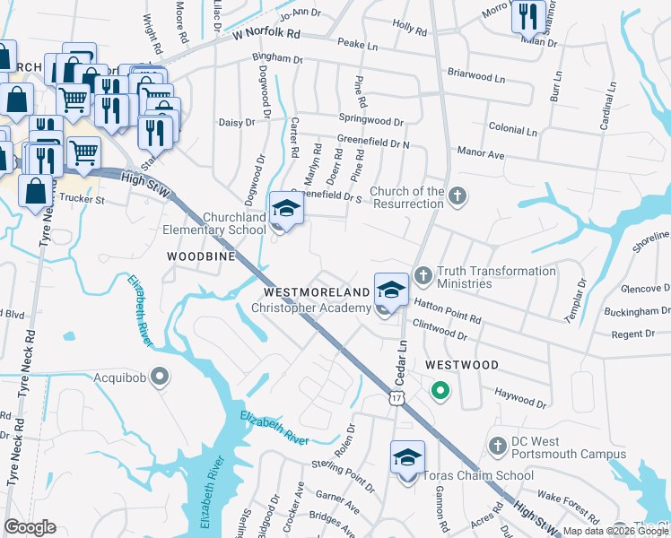 map of restaurants, bars, coffee shops, grocery stores, and more near 3400 Wheatfield Court in Portsmouth