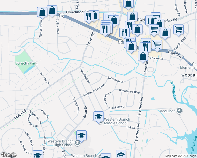 map of restaurants, bars, coffee shops, grocery stores, and more near 3308 Kindlewood Crescent in Chesapeake