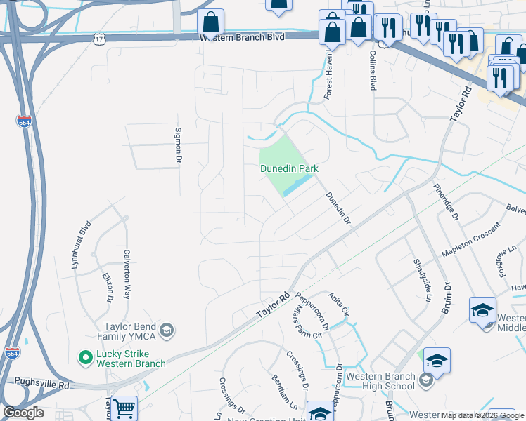 map of restaurants, bars, coffee shops, grocery stores, and more near 3305 Kinsington Drive in Chesapeake