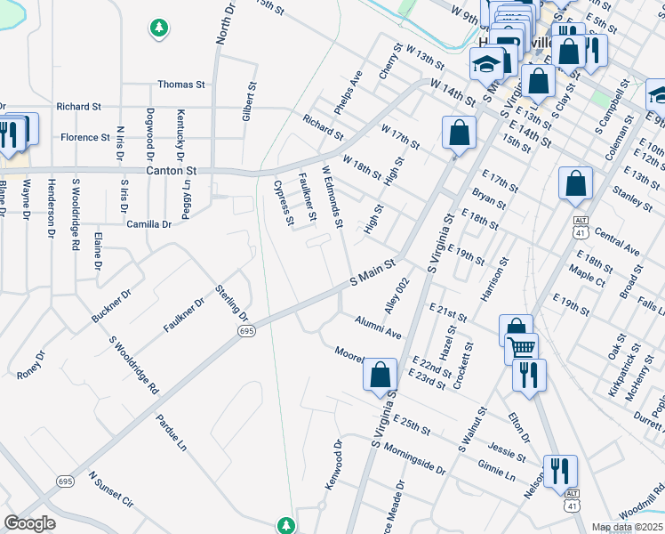 map of restaurants, bars, coffee shops, grocery stores, and more near 201 Thornton Court in Hopkinsville
