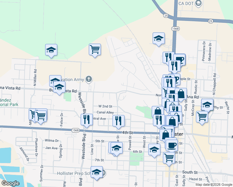 map of restaurants, bars, coffee shops, grocery stores, and more near 31 Acacia Court in Hollister