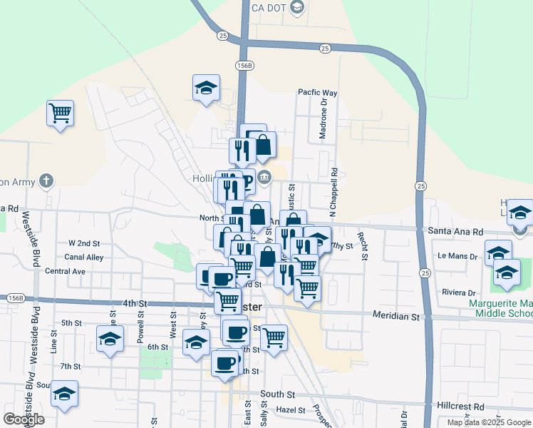 map of restaurants, bars, coffee shops, grocery stores, and more near 10 North Sally Street in Hollister