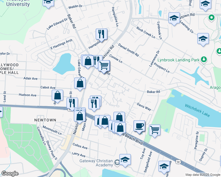 map of restaurants, bars, coffee shops, grocery stores, and more near 5661 Summit Arch in Virginia Beach