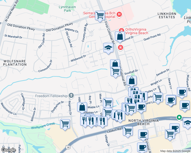 map of restaurants, bars, coffee shops, grocery stores, and more near 928 Eastern Shore Road in Virginia Beach