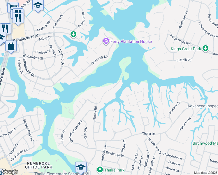 map of restaurants, bars, coffee shops, grocery stores, and more near 637 Thalia Point Road in Virginia Beach