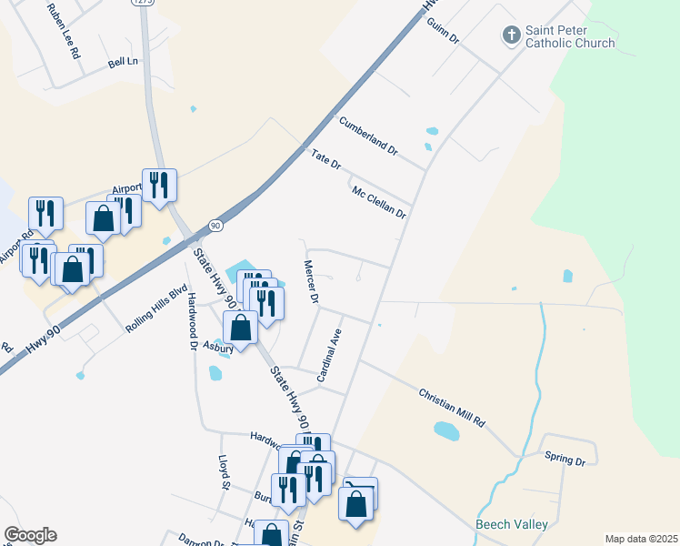 map of restaurants, bars, coffee shops, grocery stores, and more near Canary Lane in Monticello