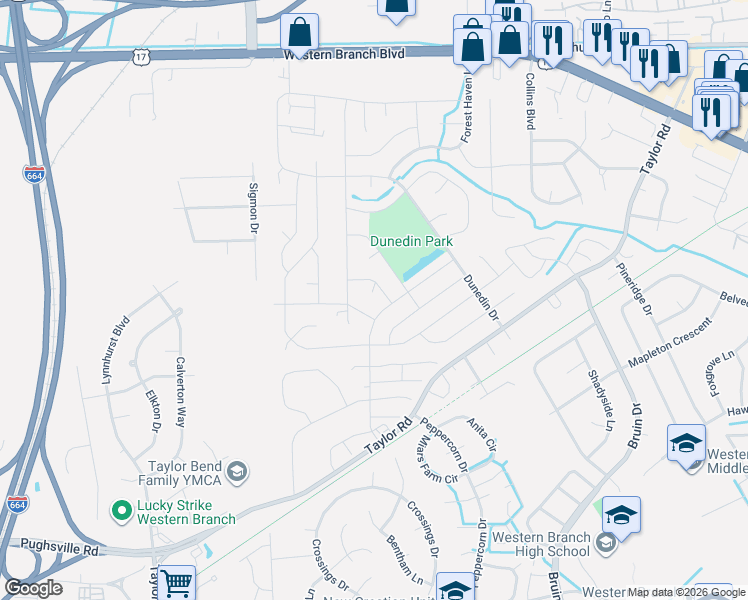 map of restaurants, bars, coffee shops, grocery stores, and more near 3305 Kinsington Drive in Chesapeake