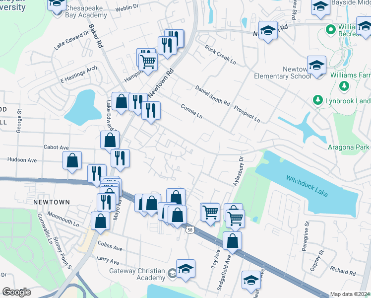 map of restaurants, bars, coffee shops, grocery stores, and more near 607 Zephyr Court in Virginia Beach