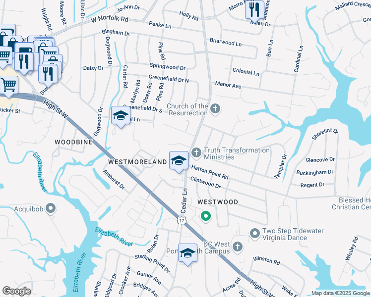 map of restaurants, bars, coffee shops, grocery stores, and more near 5001 Pinecroft Lane in Portsmouth