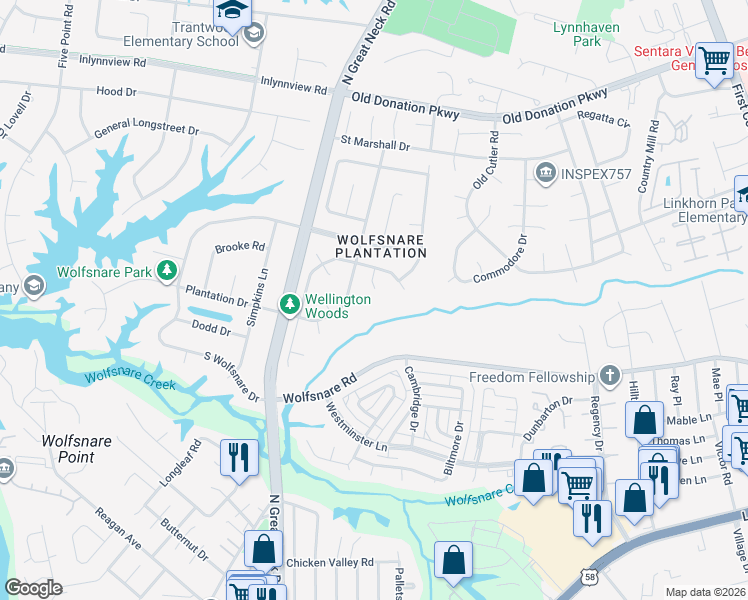 map of restaurants, bars, coffee shops, grocery stores, and more near 801 Lord Leighton Court in Virginia Beach