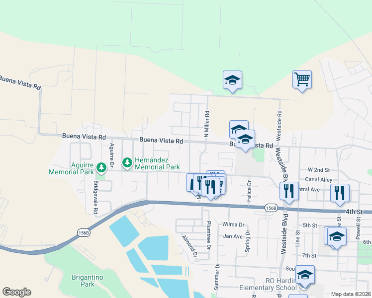 map of restaurants, bars, coffee shops, grocery stores, and more near 101 North Gonzalez Drive in Hollister