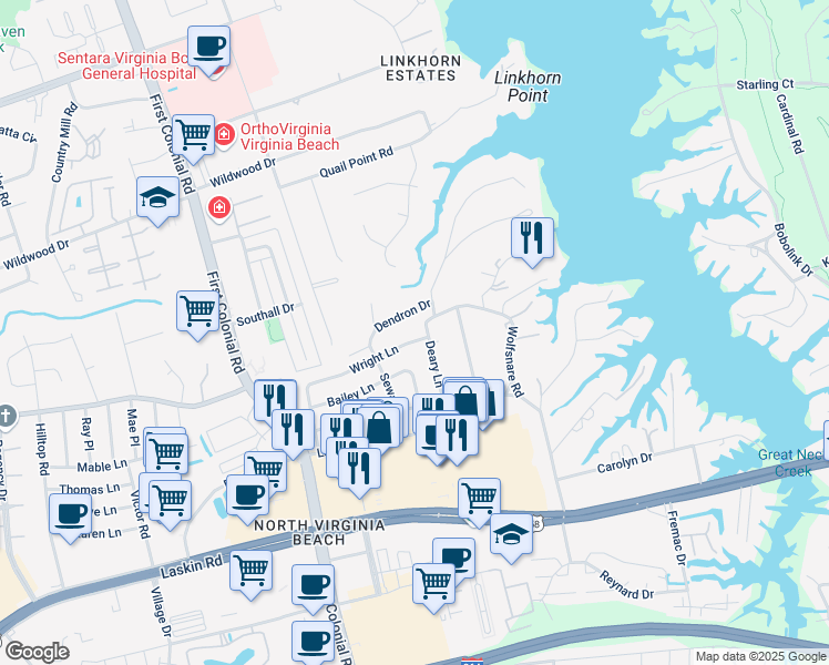 map of restaurants, bars, coffee shops, grocery stores, and more near 1609 Wright Lane in Virginia Beach