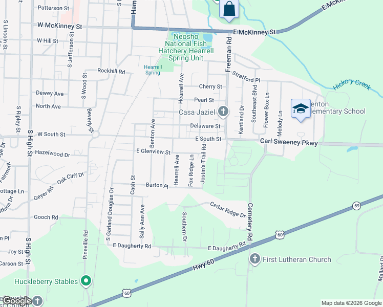 map of restaurants, bars, coffee shops, grocery stores, and more near 1300 Fox Ridge Ln in Neosho