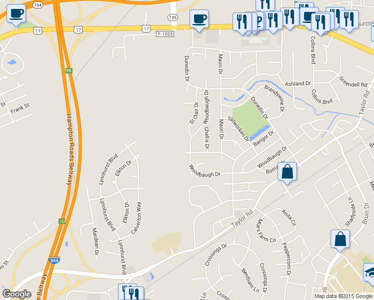 map of restaurants, bars, coffee shops, grocery stores, and more near 3400 Woodbaugh Drive in Chesapeake