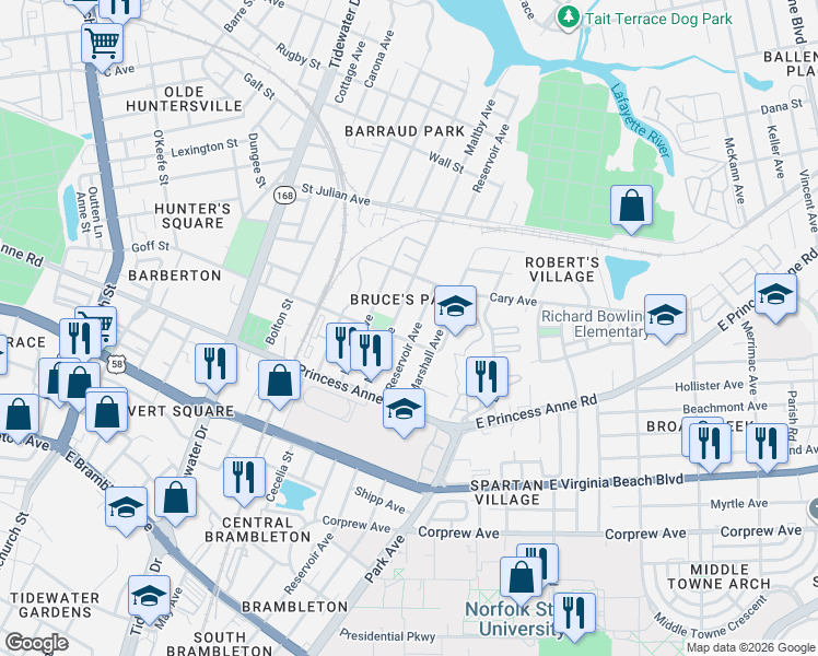 map of restaurants, bars, coffee shops, grocery stores, and more near 1412 Goff Street in Norfolk
