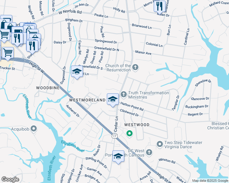 map of restaurants, bars, coffee shops, grocery stores, and more near 5001 Pinecroft Lane in Portsmouth