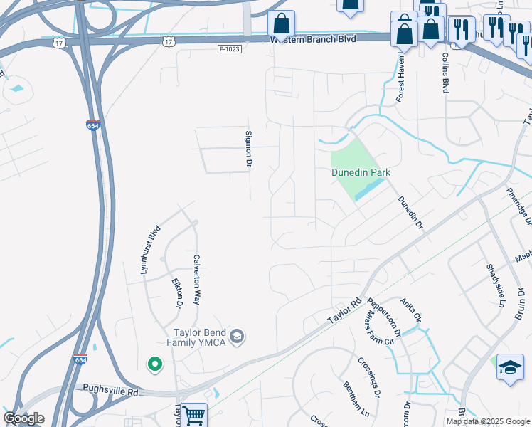 map of restaurants, bars, coffee shops, grocery stores, and more near 3400 Woodbaugh Drive in Chesapeake