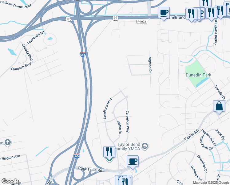 map of restaurants, bars, coffee shops, grocery stores, and more near 3364 Lynnhurst Boulevard in Chesapeake