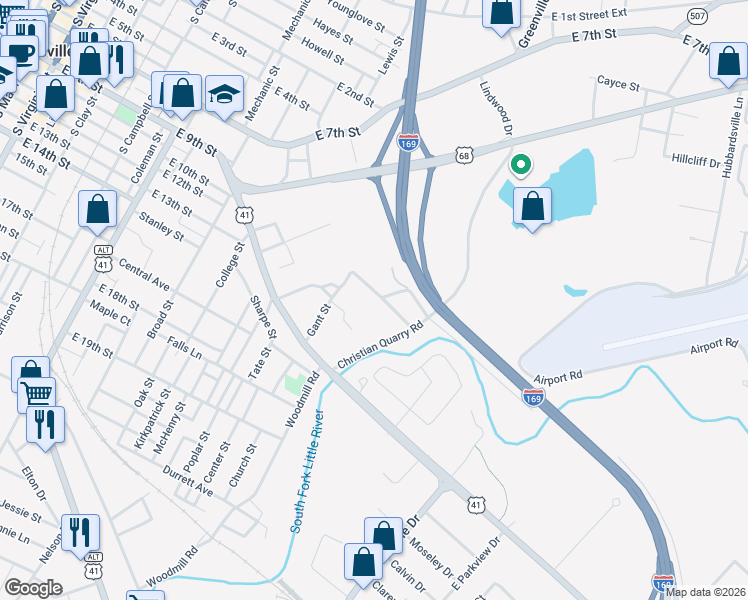 map of restaurants, bars, coffee shops, grocery stores, and more near 303 McGowan Street in Hopkinsville