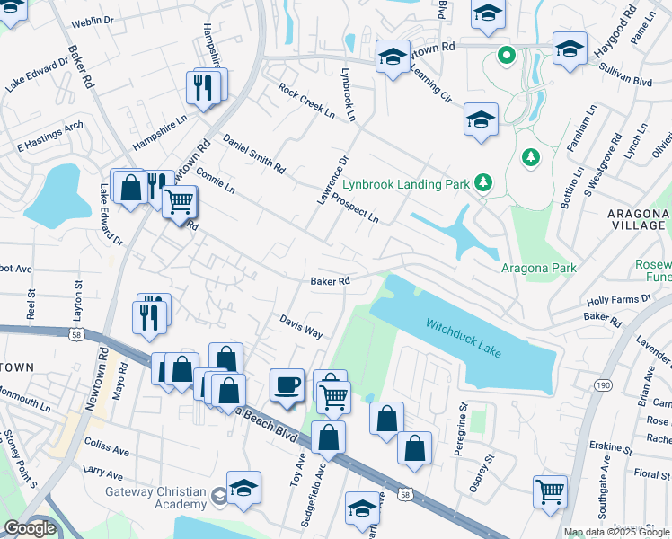 map of restaurants, bars, coffee shops, grocery stores, and more near 5525 Maple Cluster Court in Virginia Beach