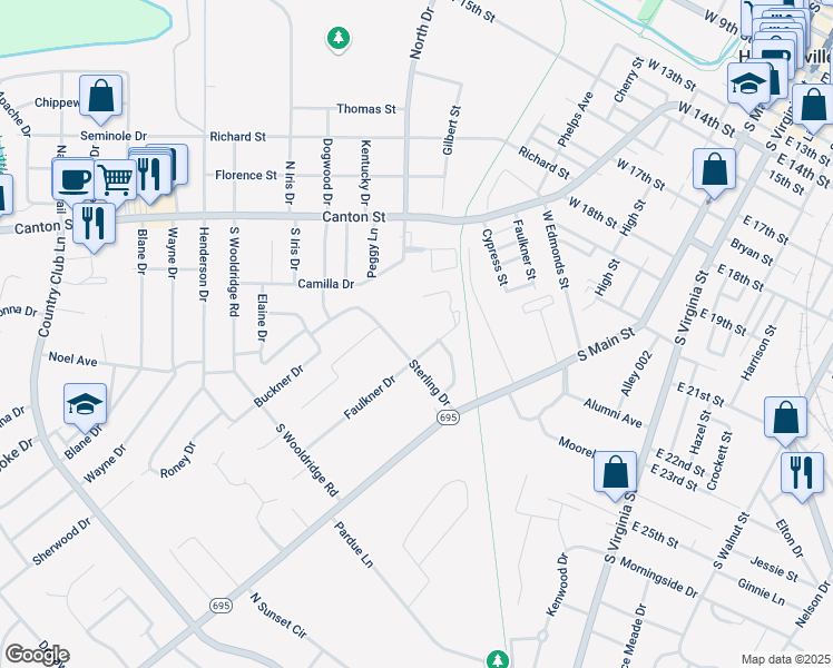 map of restaurants, bars, coffee shops, grocery stores, and more near 2310 Faulkner Drive in Hopkinsville