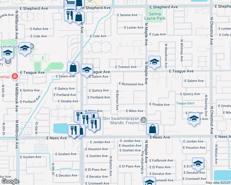 map of restaurants, bars, coffee shops, grocery stores, and more near 8288 North Chance Avenue in Fresno